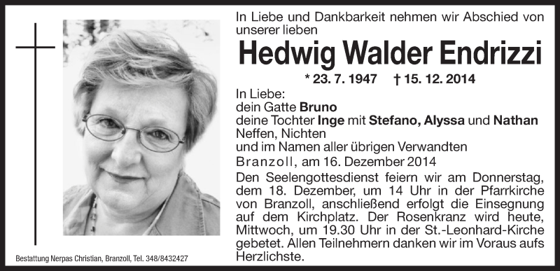  Traueranzeige für Hedwig Walder Endrizzi vom 17.12.2014 aus Dolomiten