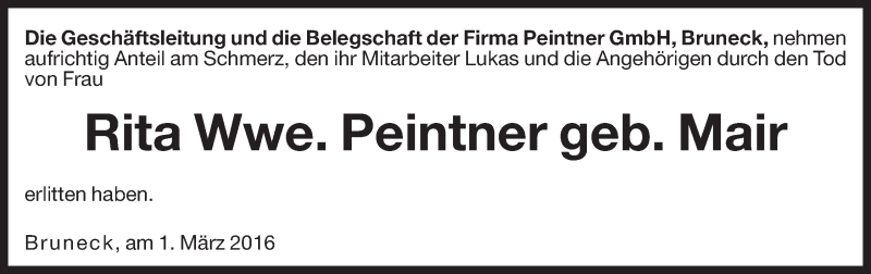  Traueranzeige für Rita Peitner vom 01.03.2016 aus Dolomiten