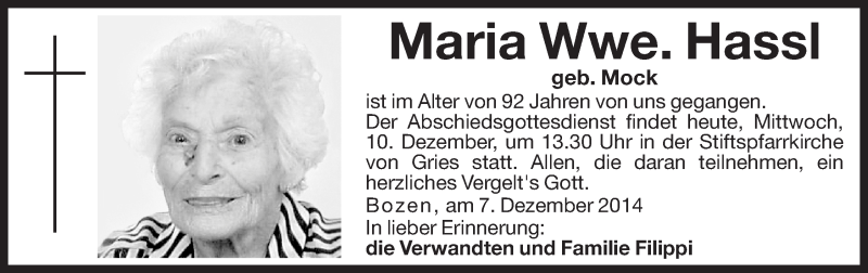  Traueranzeige für Maria Hassl vom 10.12.2014 aus Dolomiten