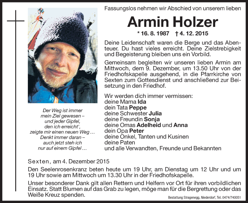  Traueranzeige für Armin Holzer vom 07.12.2015 aus Dolomiten