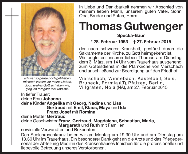  Traueranzeige für Thomas Gutwenger vom 02.03.2015 aus Dolomiten