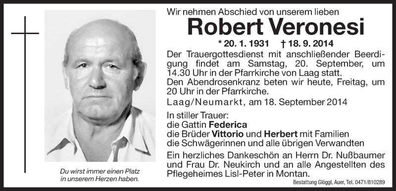  Traueranzeige für Robert Veronesi vom 19.09.2014 aus Dolomiten