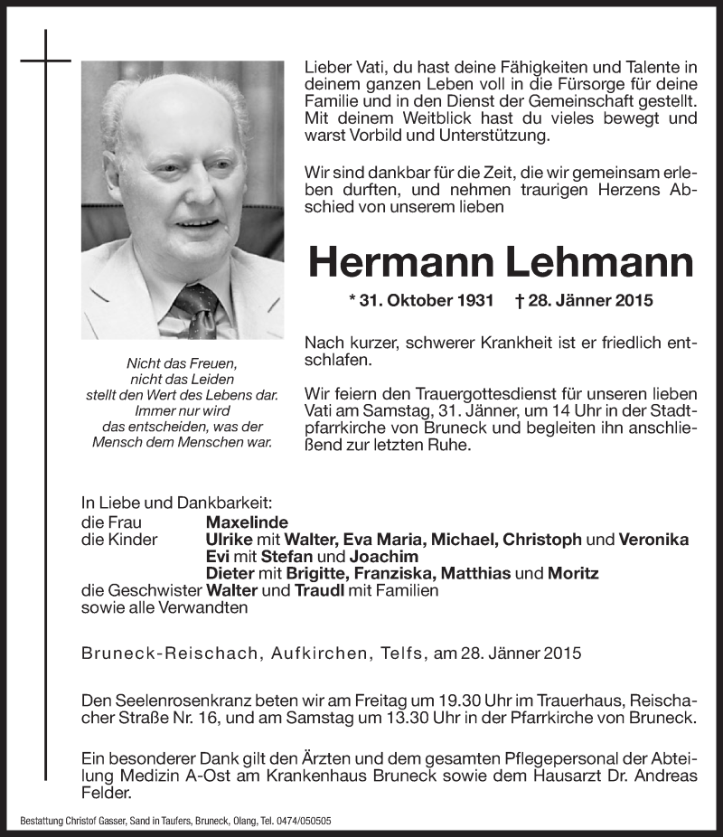  Traueranzeige für Hermann Lehmann vom 30.01.2015 aus Dolomiten