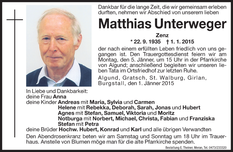  Traueranzeige für Matthias Unterweger vom 03.01.2015 aus Dolomiten