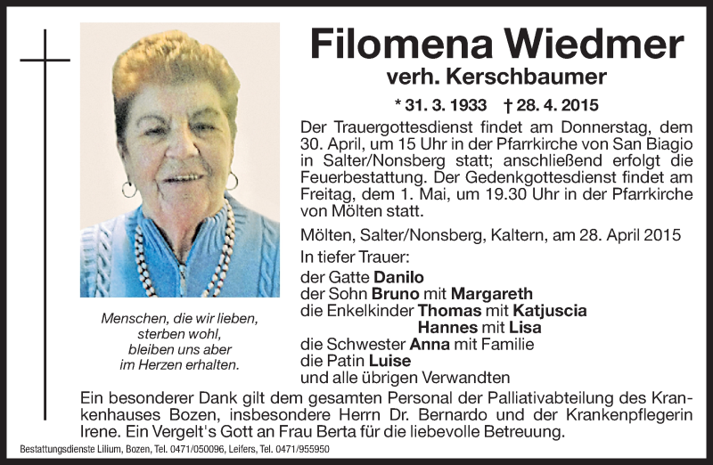  Traueranzeige für Filomena Kerschbaumer vom 29.04.2015 aus Dolomiten