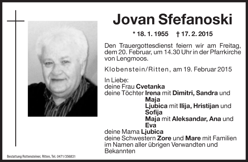  Traueranzeige für Jovan Sfefanoski vom 19.02.2015 aus Dolomiten