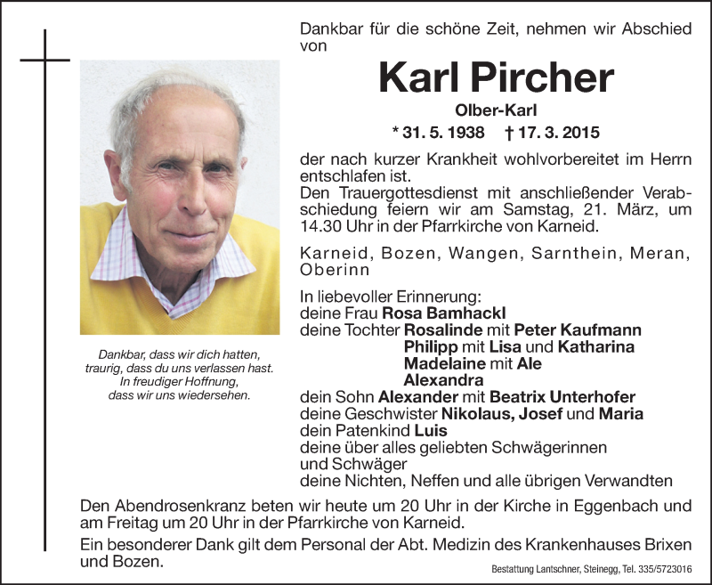  Traueranzeige für Karl Pircher vom 19.03.2015 aus Dolomiten