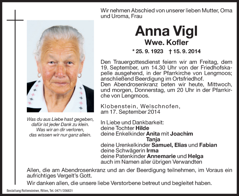  Traueranzeige für Anna Kofler vom 17.09.2014 aus Dolomiten