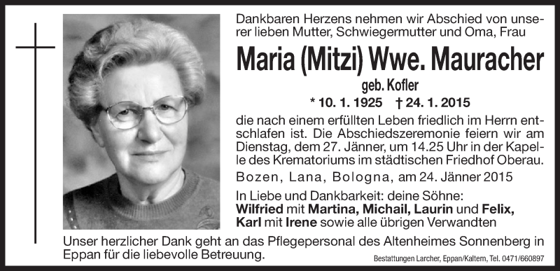  Traueranzeige für Maria Mauracher vom 26.01.2015 aus Dolomiten