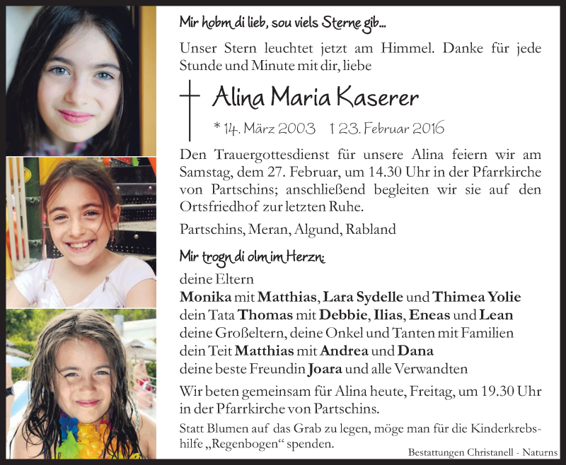  Traueranzeige für Alina Maria Kaserer vom 26.02.2016 aus Dolomiten