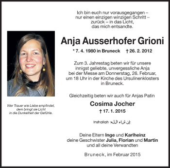 Traueranzeige von Anja Grioni von Dolomiten