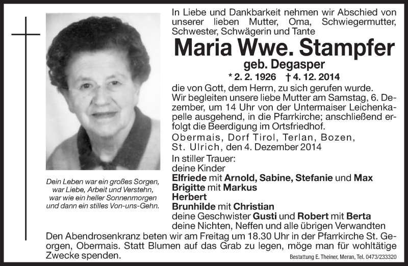  Traueranzeige für Maria Stampfer vom 05.12.2014 aus Dolomiten