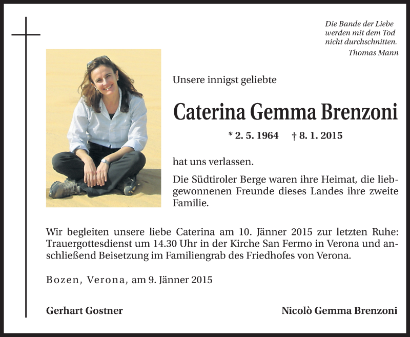  Traueranzeige für Caterina Gemma Brenzoni vom 10.01.2015 aus Dolomiten