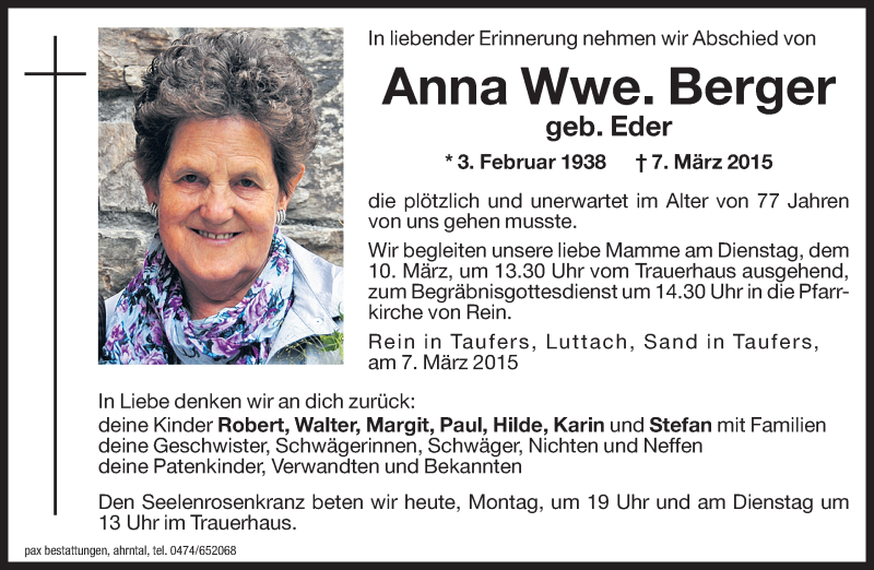  Traueranzeige für Anna Berger vom 09.03.2015 aus Dolomiten