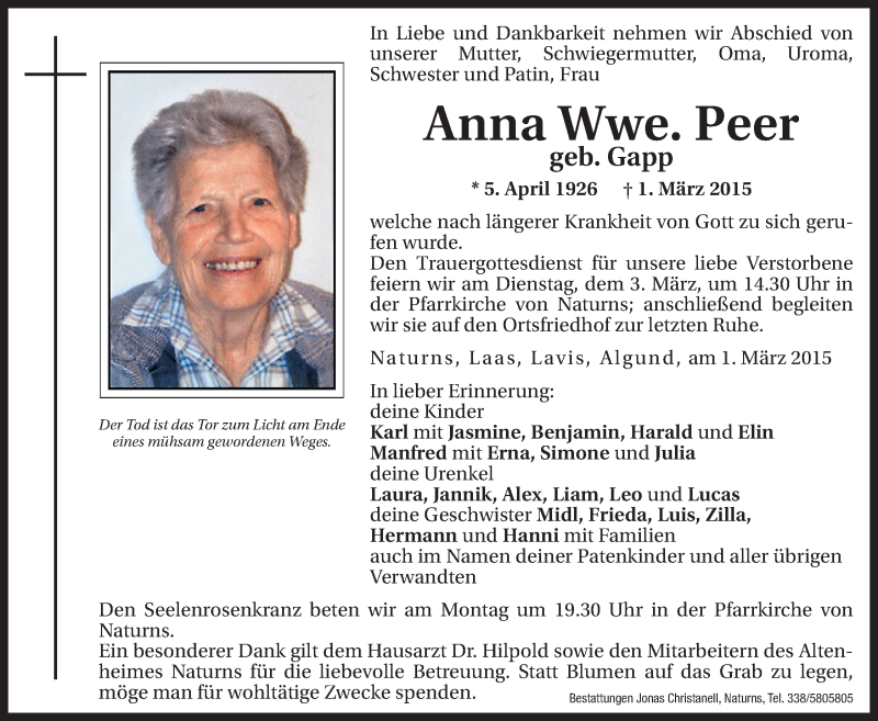  Traueranzeige für Anna Peer vom 02.03.2015 aus Dolomiten