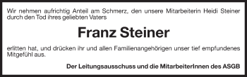 Traueranzeige von Franz Steiner von Dolomiten