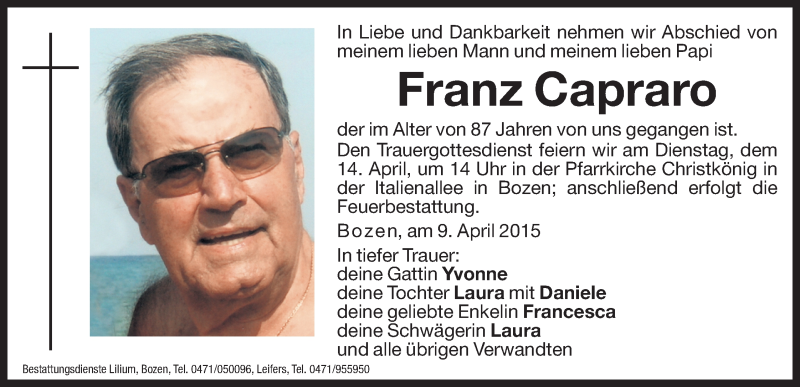  Traueranzeige für Franz Capraro vom 13.04.2015 aus Dolomiten