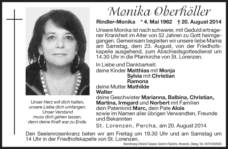  Traueranzeige für Monika Oberhöller vom 22.08.2014 aus Dolomiten