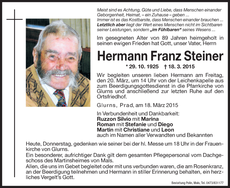  Traueranzeige für Hermann Franz Steiner vom 19.03.2015 aus Dolomiten