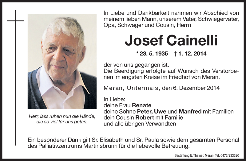  Traueranzeige für Josef Cainelli vom 06.12.2014 aus Dolomiten
