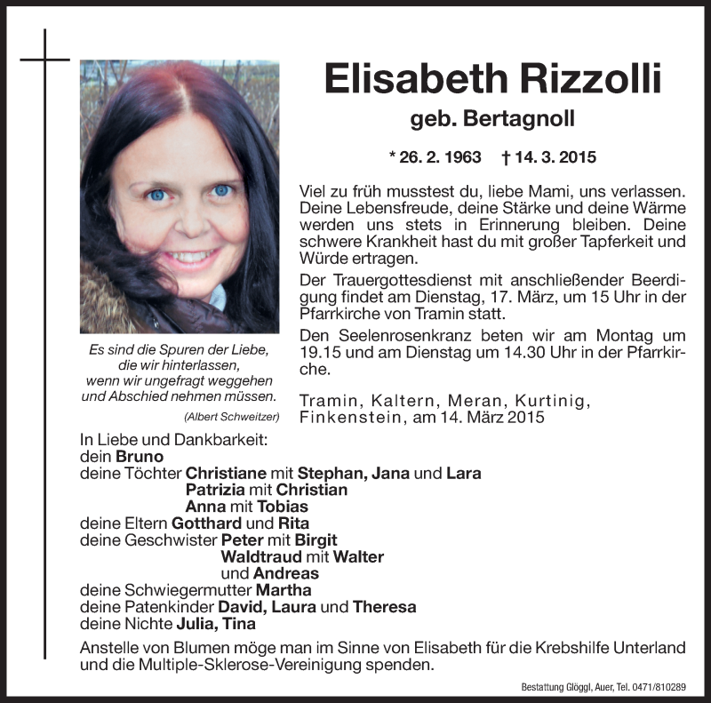  Traueranzeige für Elisabeth Rizzolli vom 16.03.2015 aus Dolomiten