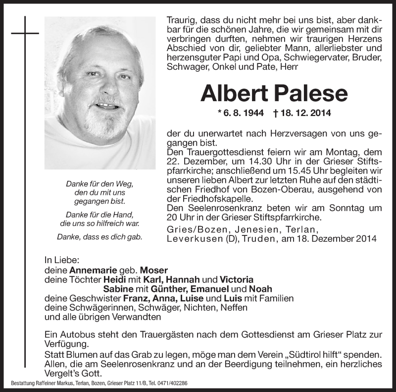  Traueranzeige für Albert Palese vom 20.12.2014 aus Dolomiten