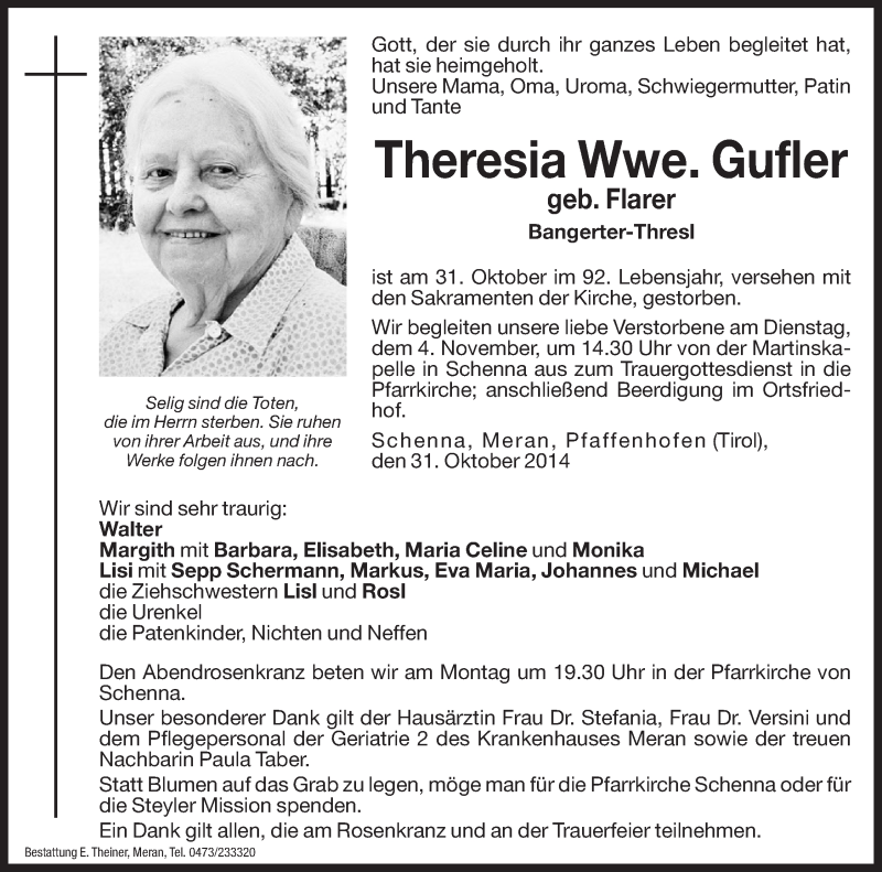  Traueranzeige für Theresia Gufler vom 03.11.2014 aus Dolomiten