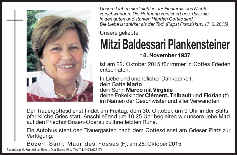  Traueranzeige für Mitzi Baldessari Plankensteiner vom 28.10.2015 aus Dolomiten