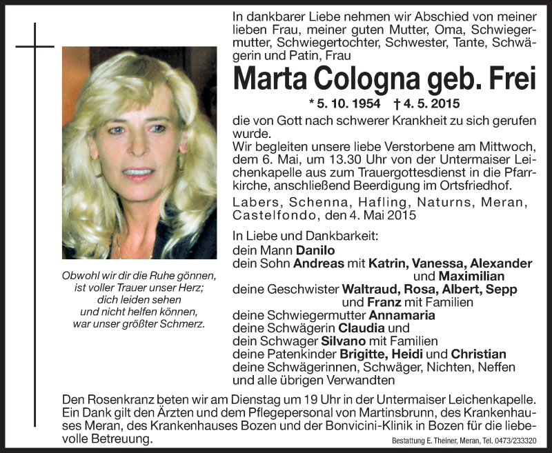  Traueranzeige für Marta Cologna vom 05.05.2015 aus Dolomiten