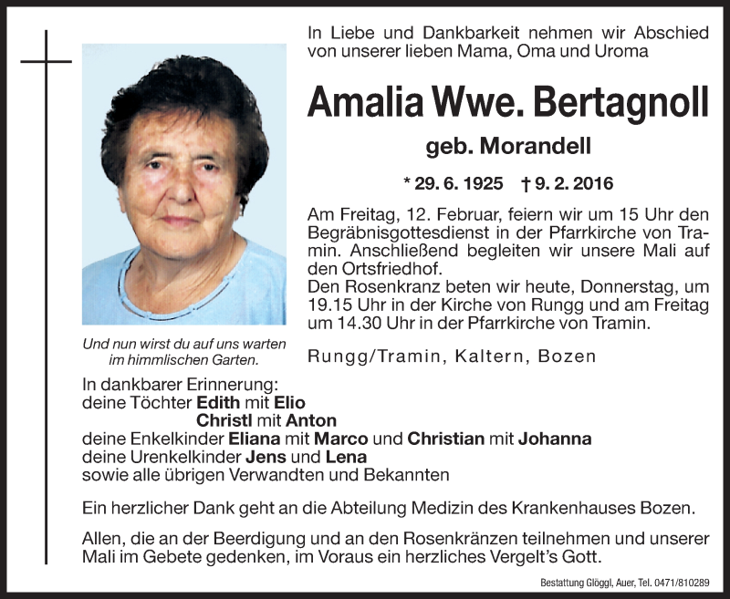 Traueranzeige für Amalia Bertagnoll vom 11.02.2016 aus Dolomiten