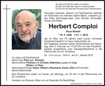 Traueranzeige von Herbert Comploi von Dolomiten