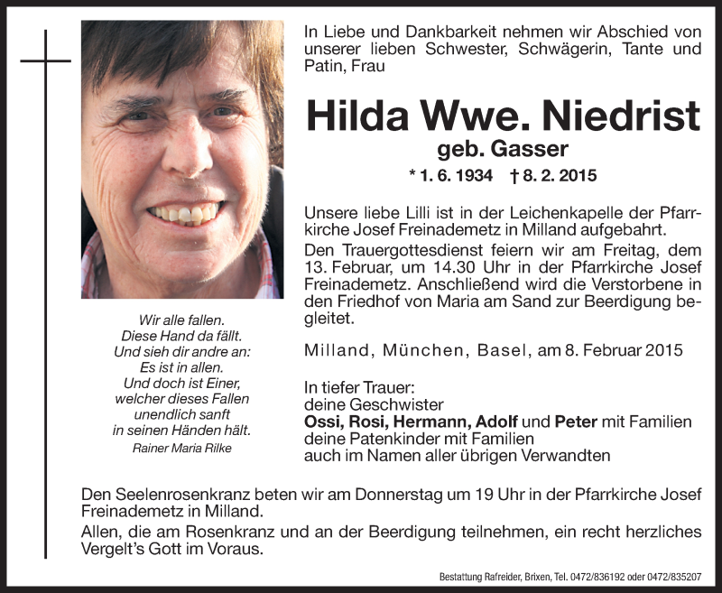  Traueranzeige für Hilda Niedrist vom 11.02.2015 aus Dolomiten