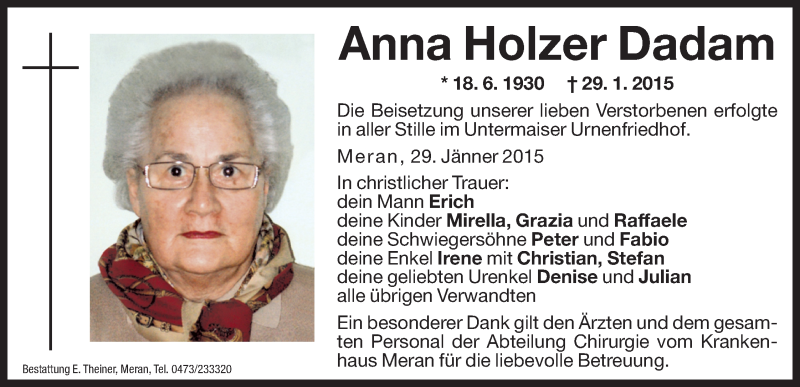  Traueranzeige für Anna  Holzer Dadam vom 06.02.2015 aus Dolomiten