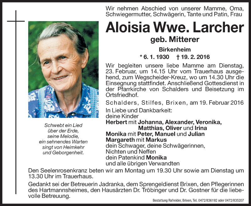  Traueranzeige für Aloisia Larcher vom 22.02.2016 aus Dolomiten