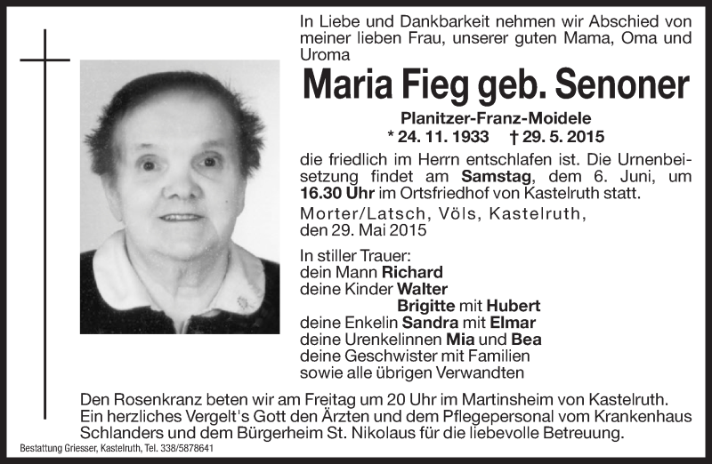  Traueranzeige für Maria Fieg vom 04.06.2015 aus Dolomiten