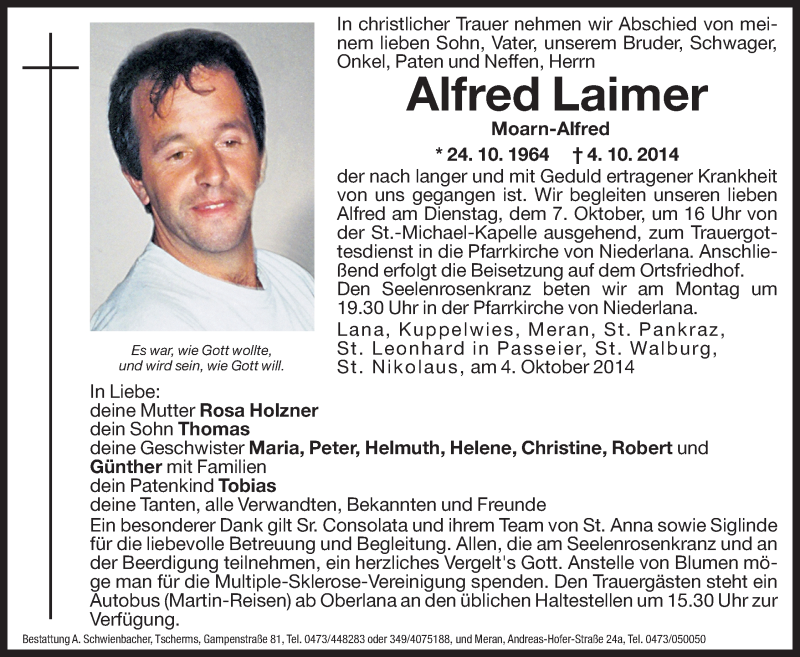  Traueranzeige für Alfred Laimer vom 06.10.2014 aus Dolomiten