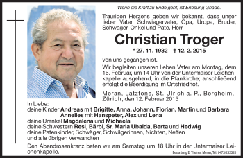 Traueranzeige von Christian Troger von Dolomiten