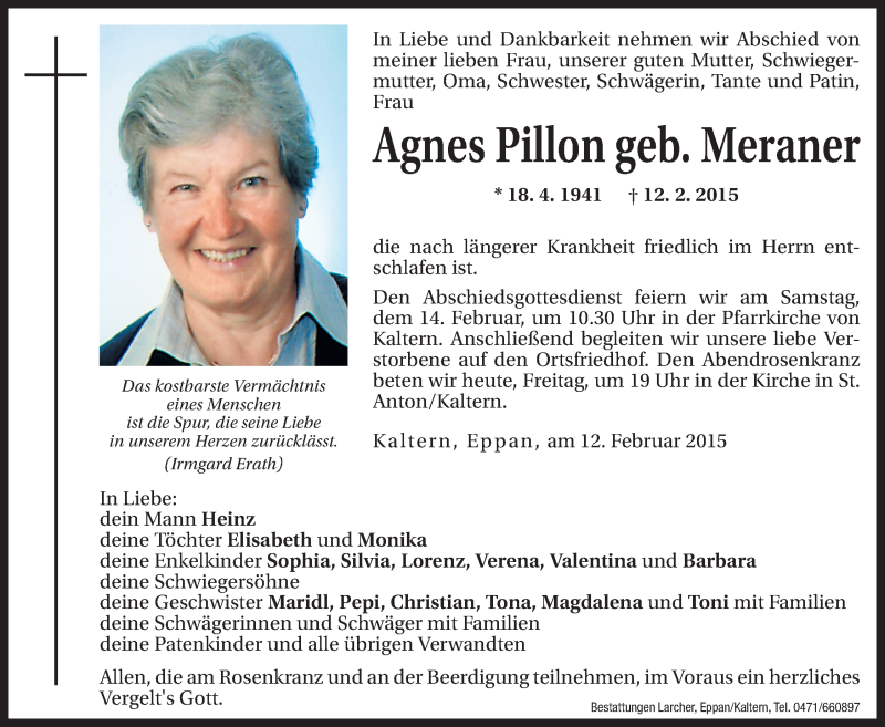  Traueranzeige für Agnes Pillon vom 13.02.2015 aus Dolomiten