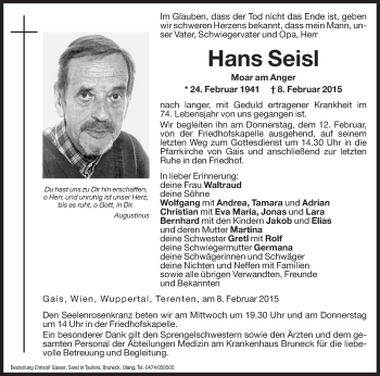 Traueranzeige von Hans Seisl von Dolomiten