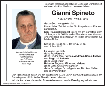 Traueranzeige von Gianni Spineto von Dolomiten