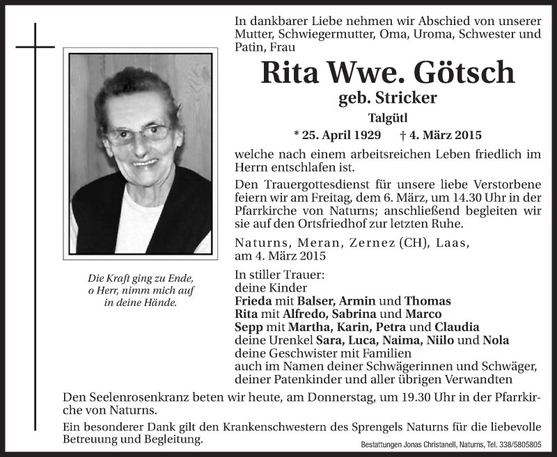  Traueranzeige für Rita Götsch vom 05.03.2015 aus Dolomiten