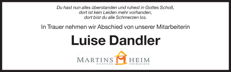  Traueranzeige für Luise Dandler vom 15.09.2015 aus Dolomiten
