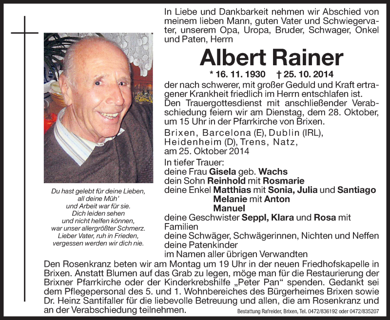  Traueranzeige für Albert Rainer vom 27.10.2014 aus Dolomiten