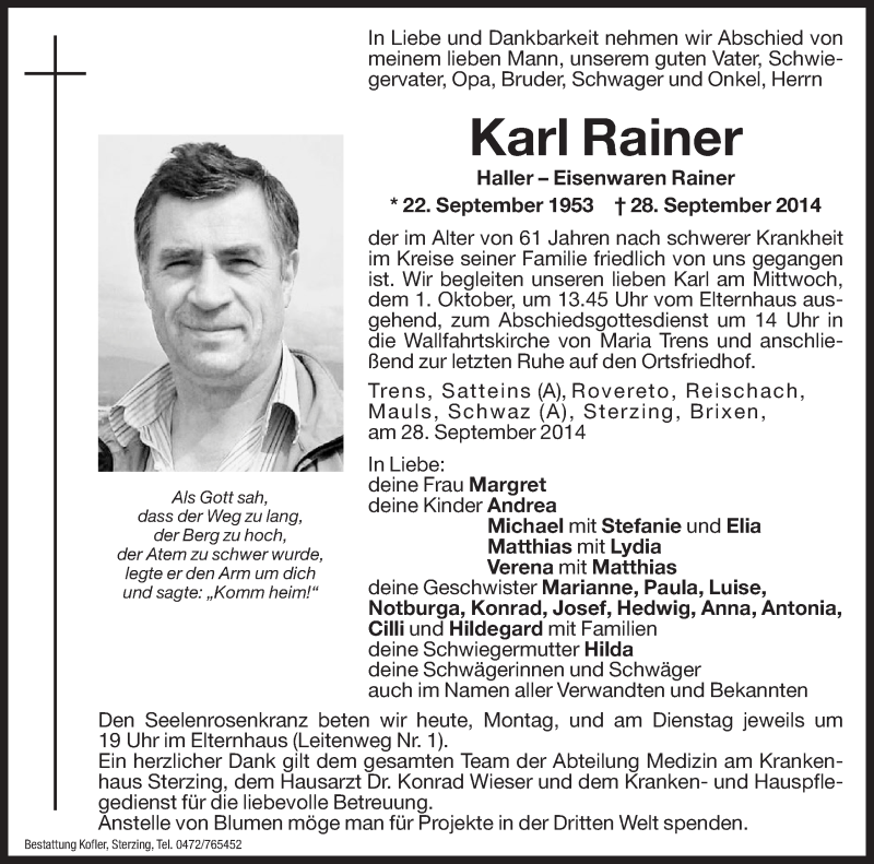  Traueranzeige für Karl Rainer vom 29.09.2014 aus Dolomiten