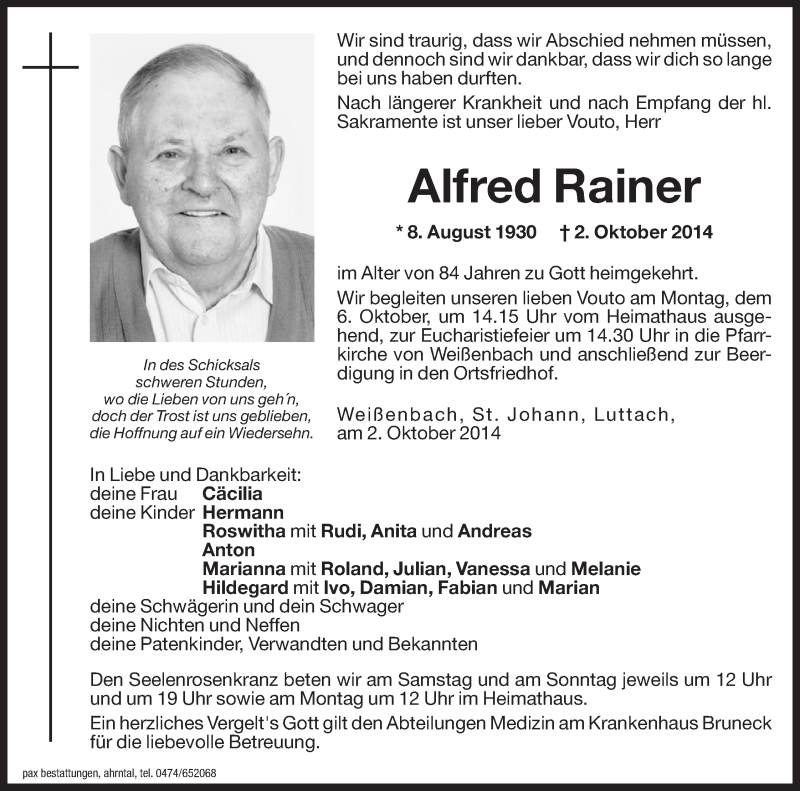  Traueranzeige für Alfred Rainer vom 04.10.2014 aus Dolomiten