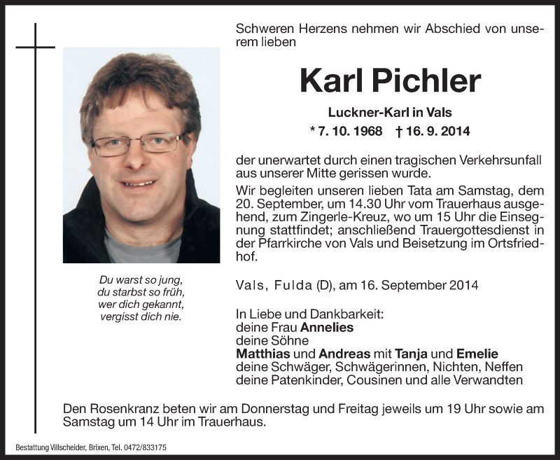  Traueranzeige für Karl Pichler vom 18.09.2014 aus Dolomiten