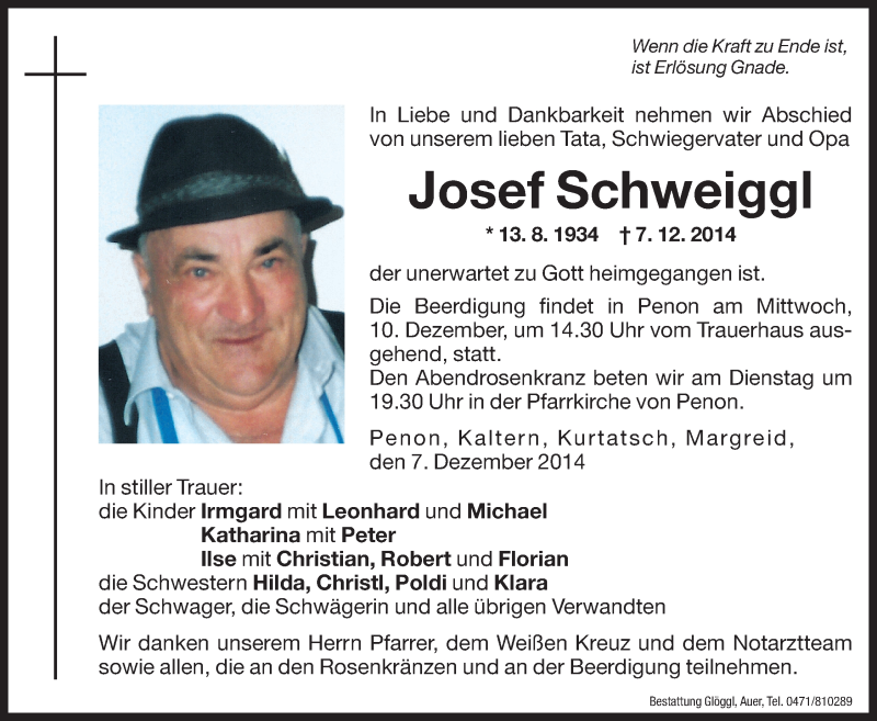  Traueranzeige für Josef Schweiggl vom 09.12.2014 aus Dolomiten