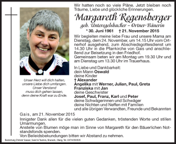 Traueranzeige von Margareth Regensberger von Dolomiten