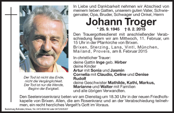 Traueranzeige von Johann Troger von Dolomiten