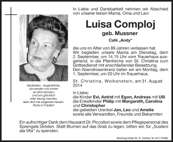 Traueranzeige von Luisa Comploj von Dolomiten